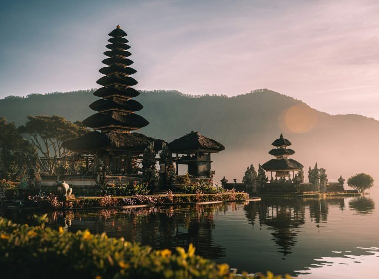 Pura Ulun Danu Beratan temple on Lake Beratan at golden hour