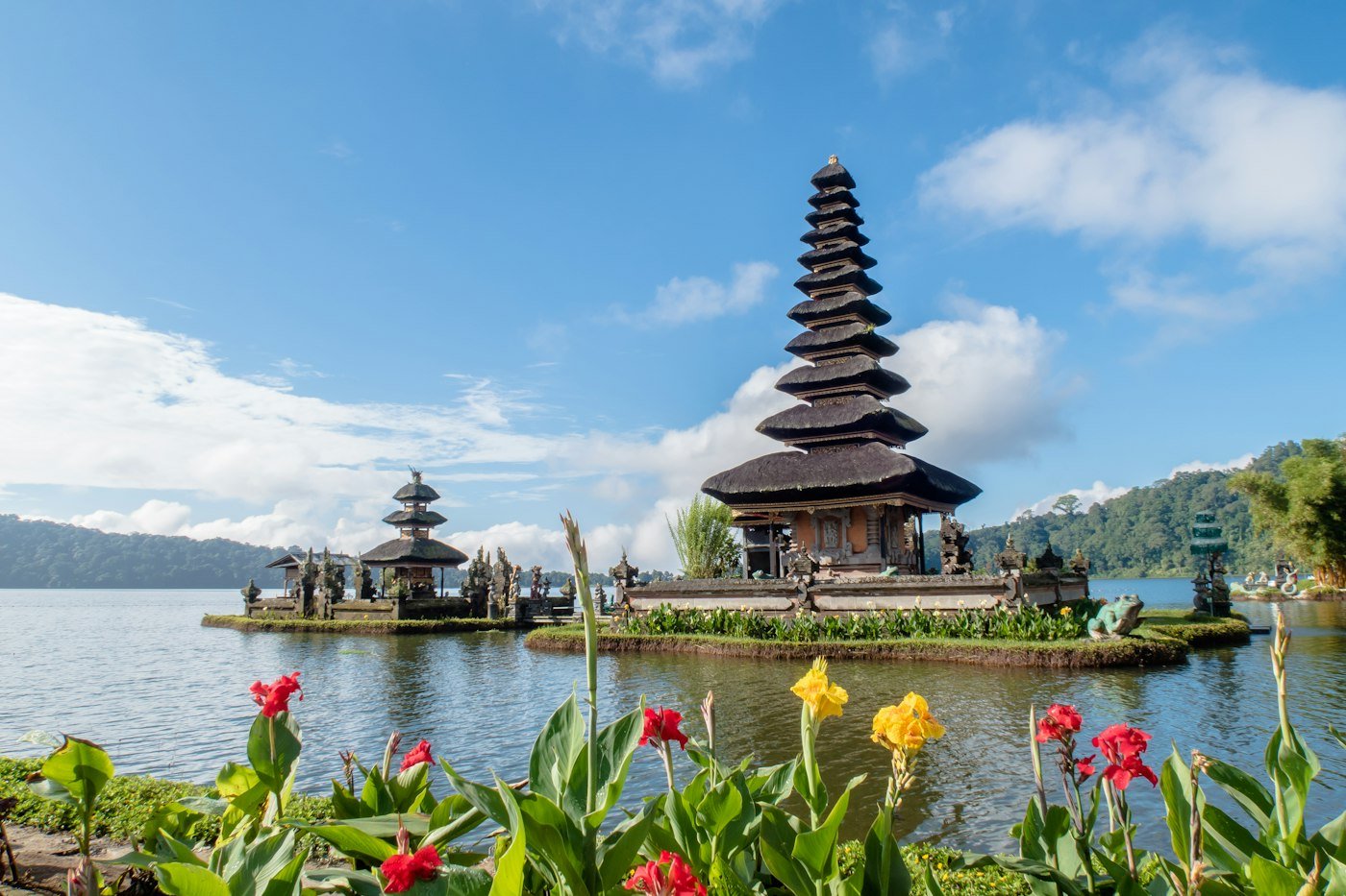 Ulun Danu Beratan temple with flowers in the foreground